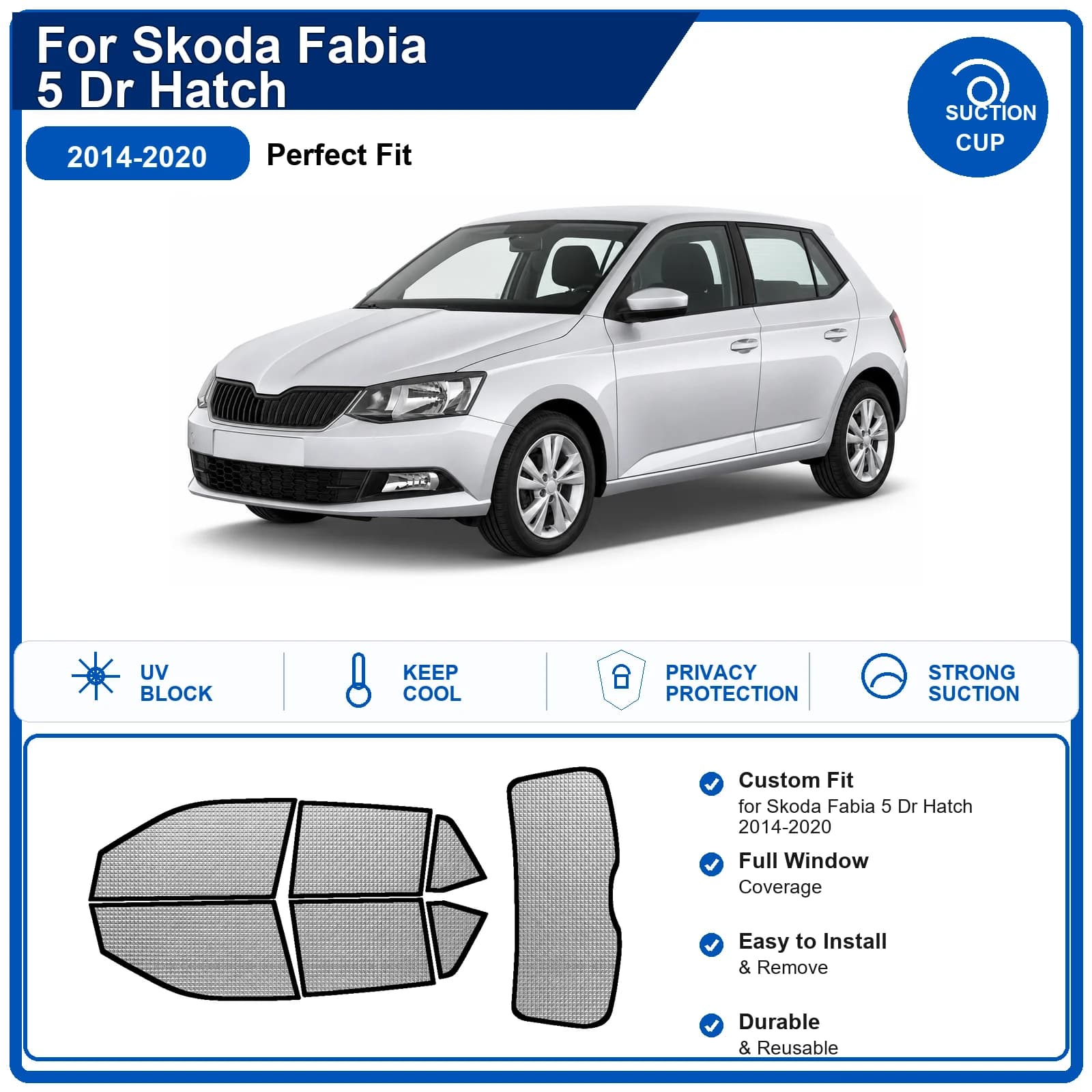 For Skoda Fabia 5 Dr Hatch 2014-2020 Custom Full Set Windshield Sun Shade Aluminum Foil Heat Insulation Anti UV Foldable