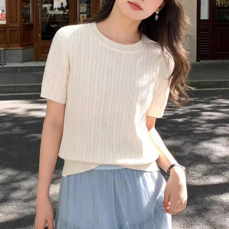 Maglione Lavorato a Maglia da Donna, Pullover a Maniche Corte, Maglia Estiva Nuova con Scollo a O, Abbigliamento Femminile Q3854