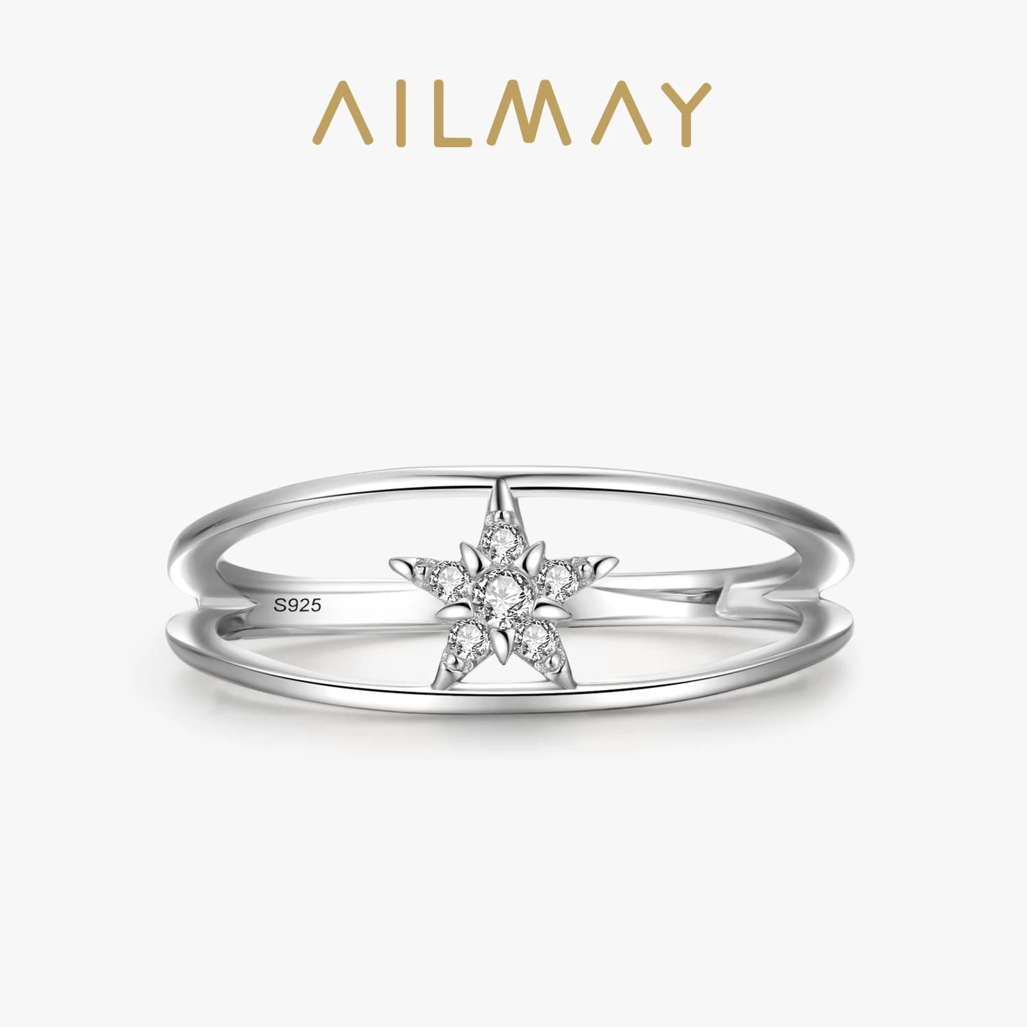 Ailmay New Arrival Fashion 925 Sterling Silver Stars Ring Clear Zircon Double Layer Rings For Women Wedding Engagement Jewelry