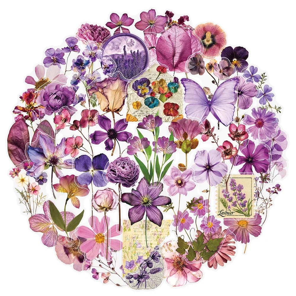 10/30/50 Pezzi Adesivi Trasparenti con Fiori Viola Estetici, Decalcomanie Retrò Cartoon per Scrapbooking, Valigie, Telefoni, Diari, Confezioni