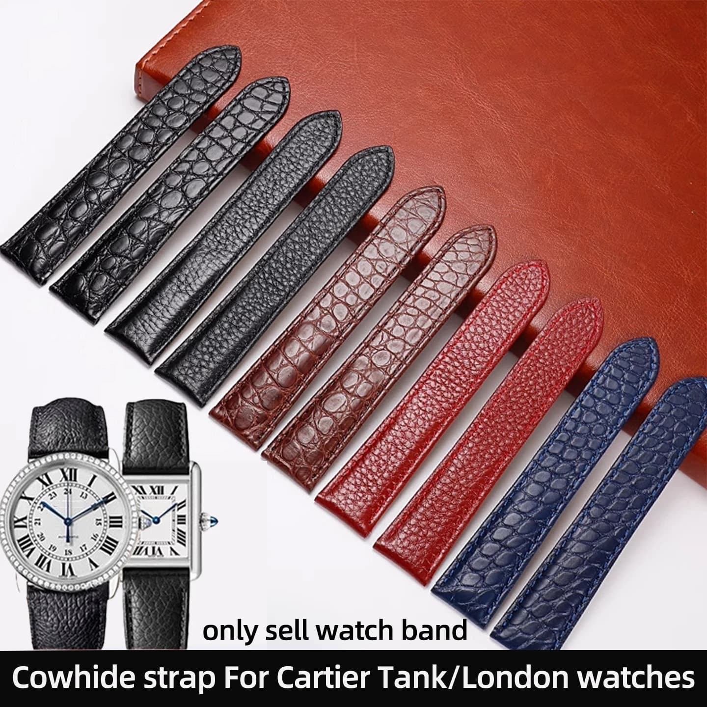 Crocodile leather watch strap for Cartier Tank London Solo Lychee leather strap testurized men's strap 16 17 18 20 22 23 24mm