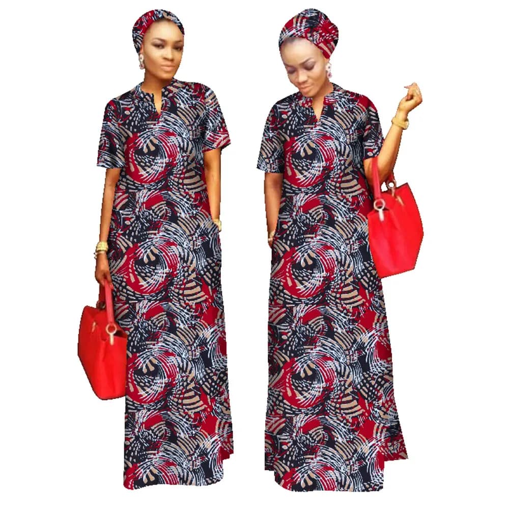 BRW African Print Clothing for Women Short Sleeve Outfits Woment Free Head Scarf Lady Long Dress Maxi Size WY843