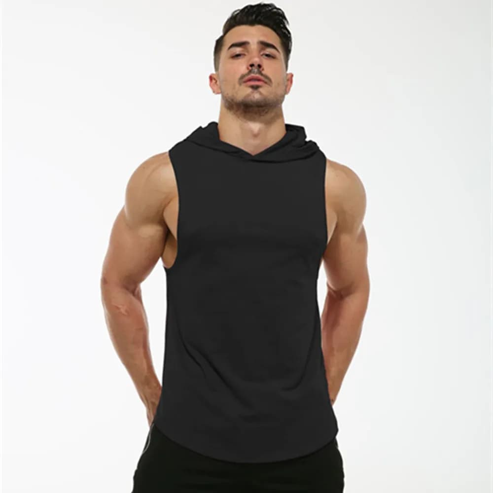 MRMT 2026 Nuovissima T-shirt da uomo in cotone con cappuccio senza maniche, Canotta da uomo, T-shirt fitness con cappuccio, Gilet con orlo curvo