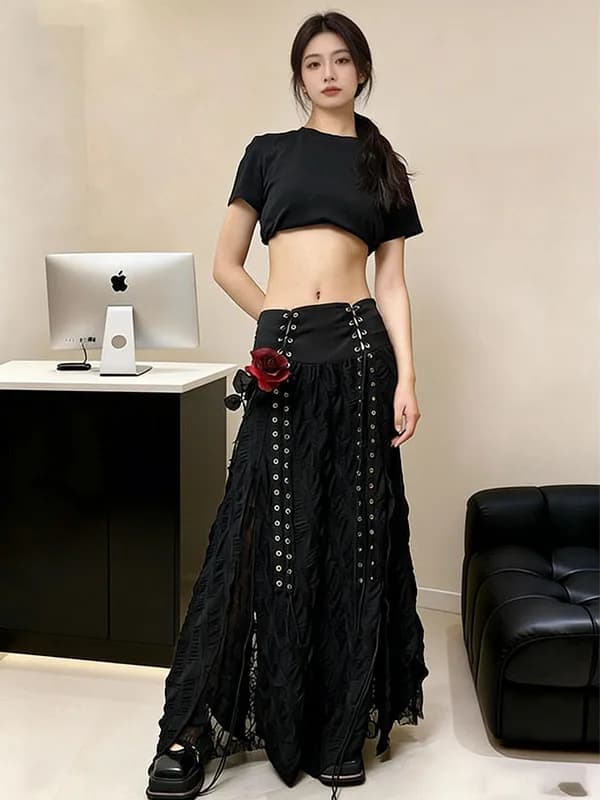 High Waist Mesh Belted Dark Style Retro Design Street Fashion Skirt for Ladies Spring Season A-Line Skirt Loose Fit