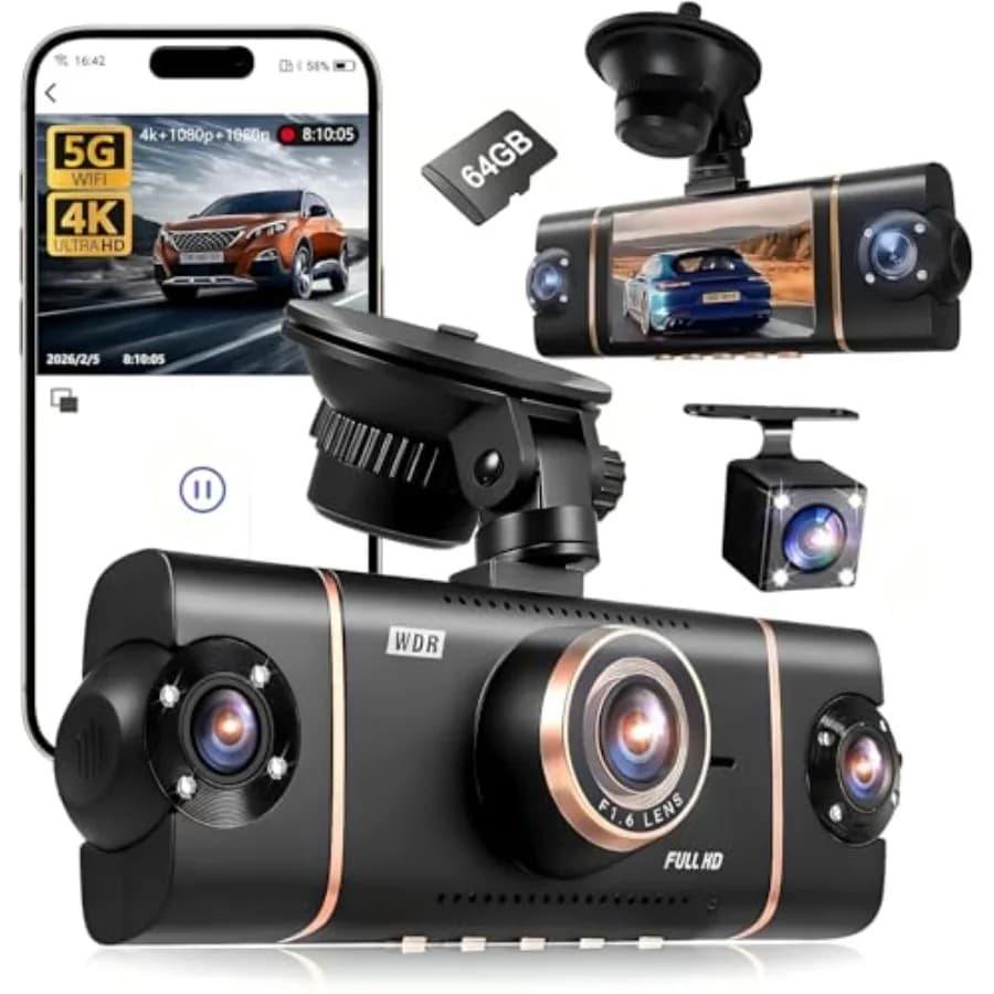 Dash Cam a 4 Canali 360° per Auto, Corpo in Plastica ABS, Nero, Registrazione 4K+1080P3 FHD con WiFi 5GHz, Controllo App, Monitoraggio Parcheggio 24H