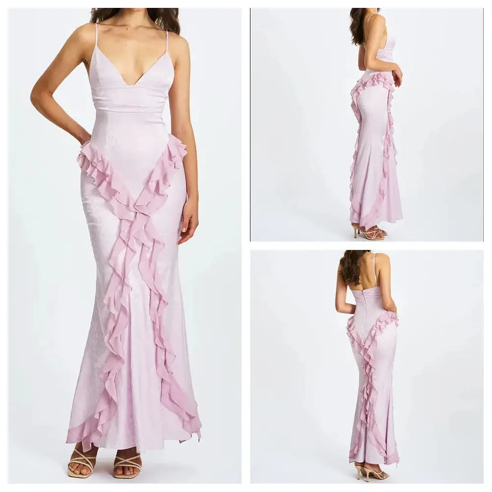 Abiti da sera a sirena personalizzati Abito da ballo con volant e cinturino per spaghetti alla caviglia Abito da festa senza schienale drappeggiato alla moda semplice