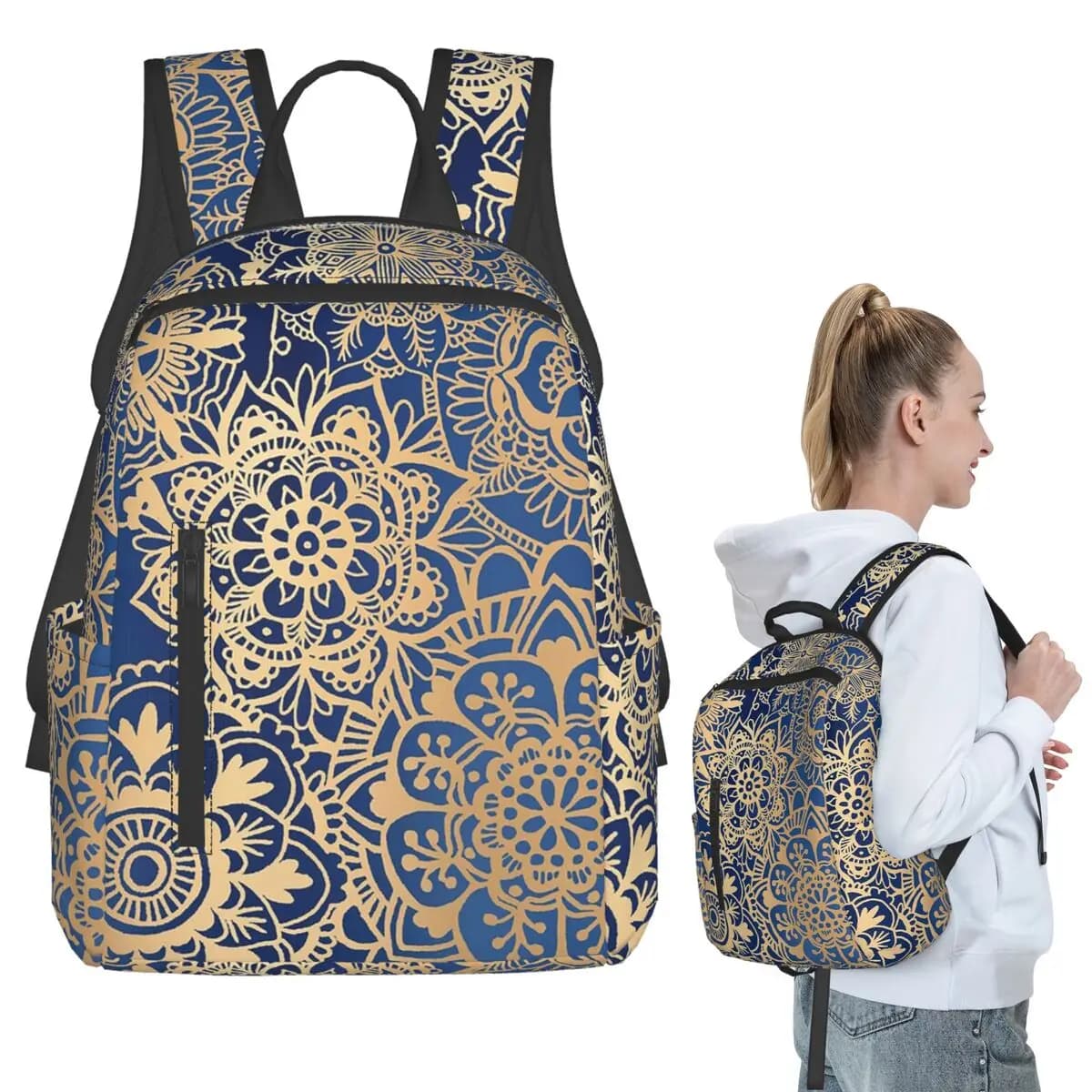 Zaino con motivo mandala blu e oro, borsa per libri per studenti, borsa per la scuola per bambini, borse a tracolla per computer, uomo donna