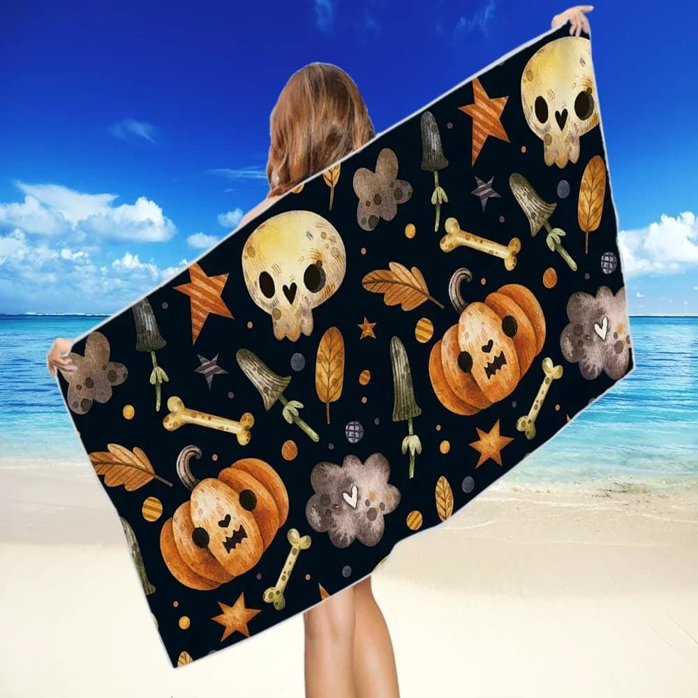 Halloween Pumpkin Prints Sandless Beach Towel Fast Drying Poncho Surf Poncho Summer Swimming Fitness Yoga Mat Woman Kids Gift