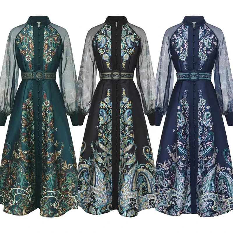 Elegant Long Sleeve Printed Dress Waist Cinched Maxi Skirt Cross-Border Ethnic Style Women's Dress Polyester Fiber Casual Wear