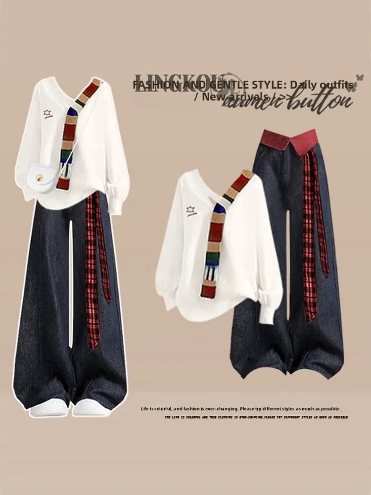 Set Due Pezzi Coreano Plus Size: Maglione Lavorato a Maglia e Jeans per Donna, Stile Casual e Comodo, Moda Autunno Inverno