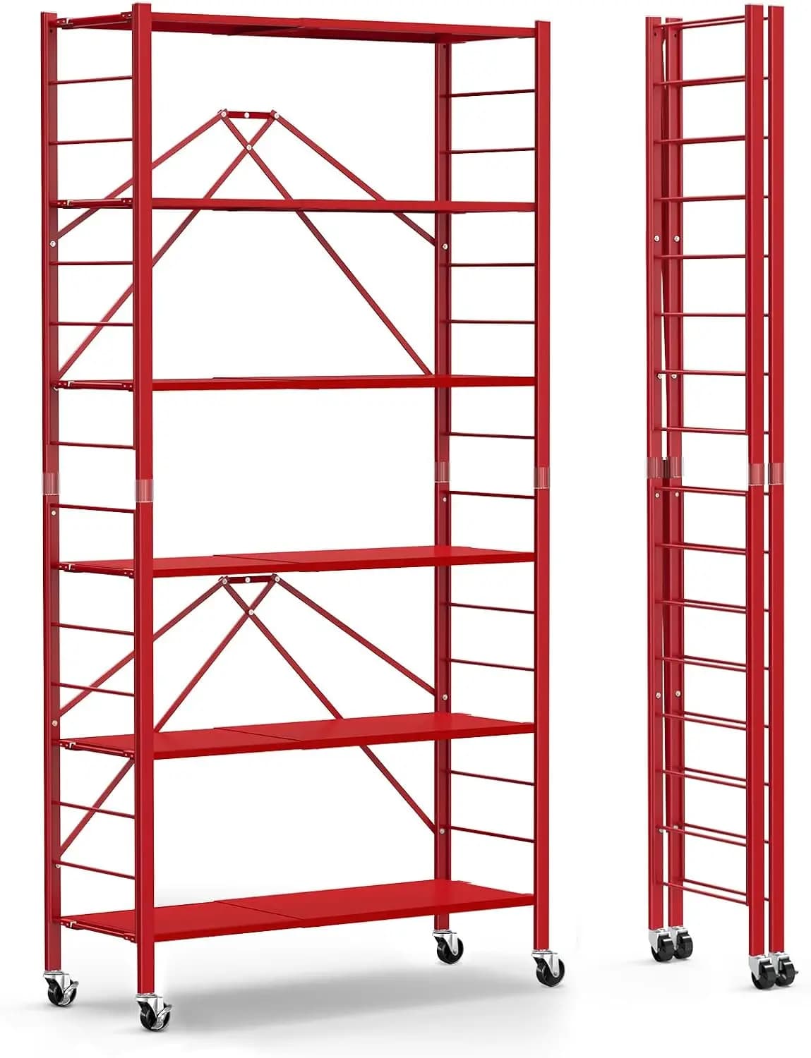Multi Functional Metal Storage Rack With Wheels, Expandable Folding Bookshelf For Kitchen Garage Basement Closet, Adjustable Six Tier Foldable Organizer Shelf Unit, Rust Resistant Red, Set Of 1