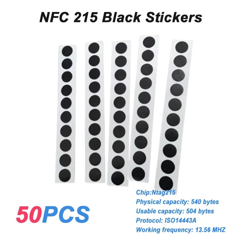Ntag 215 NFC Sticker Ntag215 Black Tag 13.56MHz ISO14443A 504 byte programmabili per tutti i telefoni NFC RFID Adhesive Smart Tag