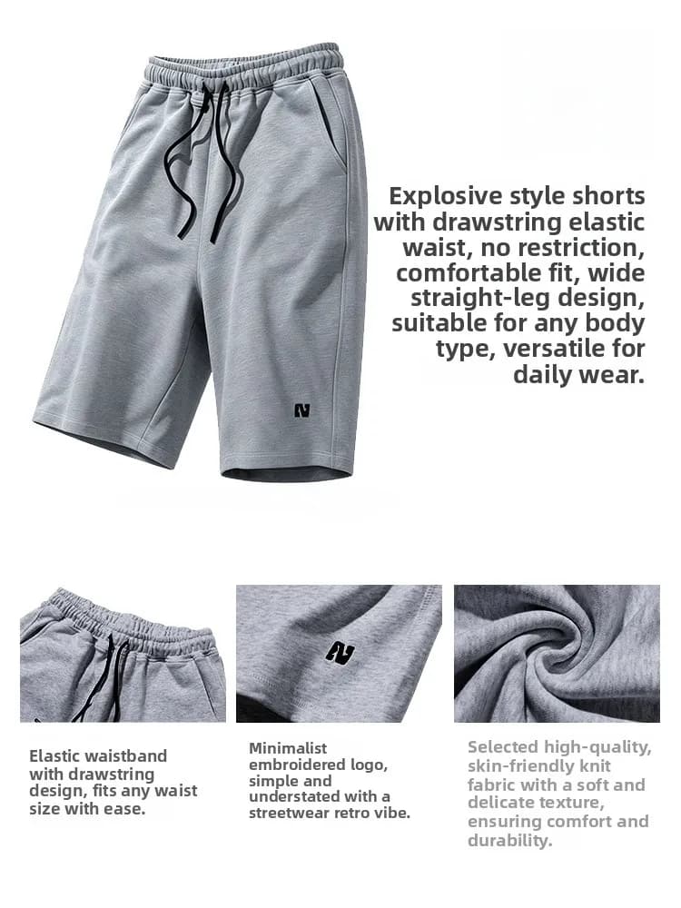 Loose Wide Leg Casual Cotton Shorts for Men Street Style Seven Inch Length Elastic Waist Big Size Fashionable Brand Dark Grey