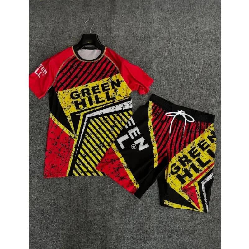 2026 Summer Green Hill Hardcore MMA Set Men's Red Gray Short Sleeve Rash Guard&Fight Shorts Quick-Dry Combat Training Sportswear