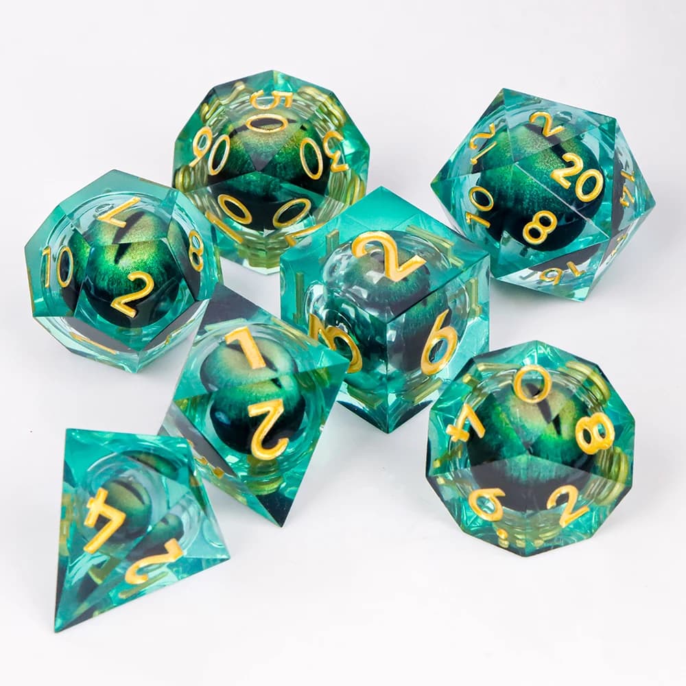 Set di Dadi Occhio di Drago con Nucleo Liquido Completo e Bordi Affilati | per D&D, Pathfinder RPG | Dadi Metallici in Resina per Dungeon Master | per Regalo