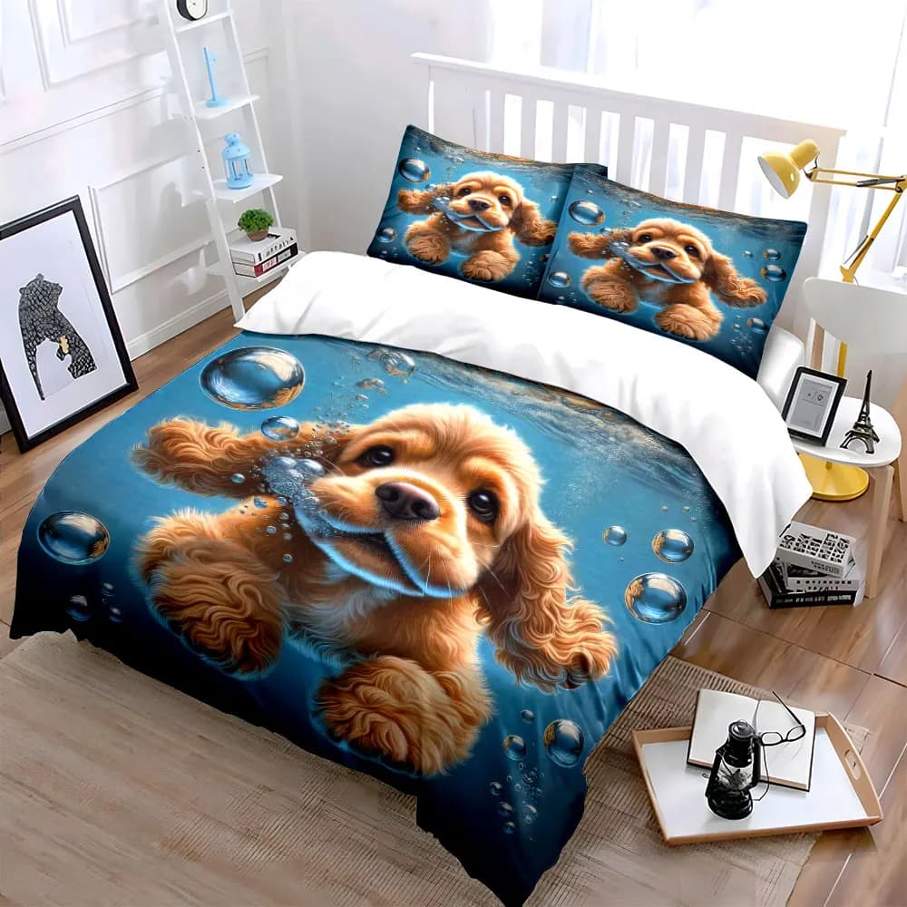 Set di biancheria da letto "Underwater Puppy Art Set" con 1 copripiumino e 2 federe, singolo, matrimoniale, king, queen, regalo