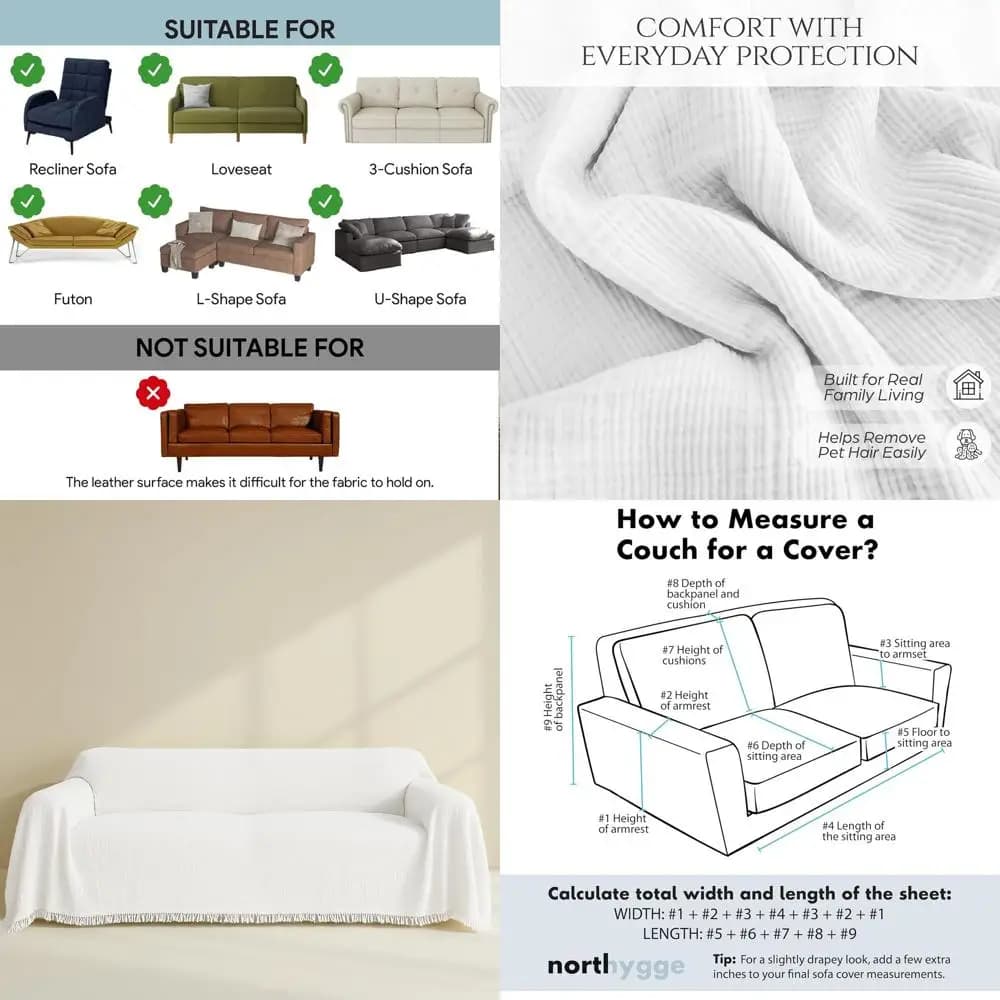 4 layer muslin cover, 100% washable cotton, suitable for two-seat sofa, sofa, modular sofa, L sofa, 71x118 inch