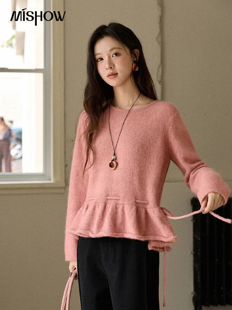 MISHOW Maglione rosa da donna 2025 Inverno stile francese Girocollo Top in maglia Orlo arricciato con cintura con coulisse Pullover MXE90Z2824