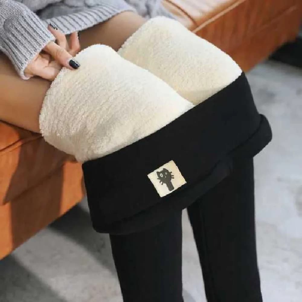 Leggings foderati in pile spesso autunno inverno Leggings termici morbidi a vita alta Patch per gatti Leggings soffici flessibili Donna Ragazza