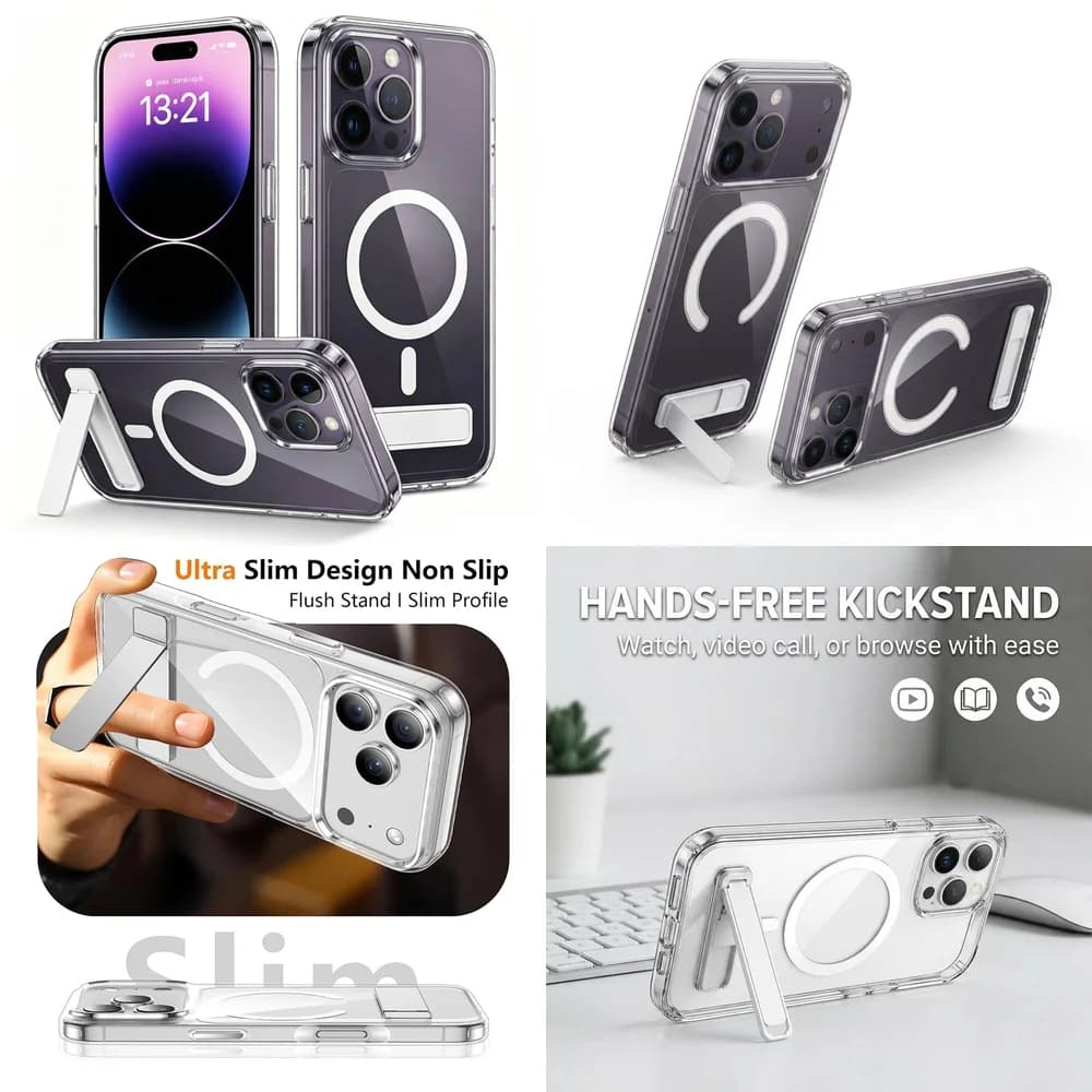 Affordable Clear Magnetic Back Cover Hidden Kickstand Anti-Fingerprint for iPhone 17 Pro Max 16 15 Plus 14 13 12 mini 11