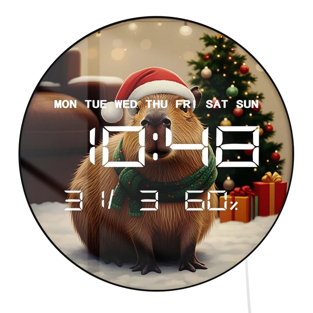 Orologio da Parete Digitale LED Grande a Tema Capibara Natalizio con Calendario, Data, Temperatura, Dimmer Automatico, Timer 12/24 Ore, Orologio Elettronico da Parete