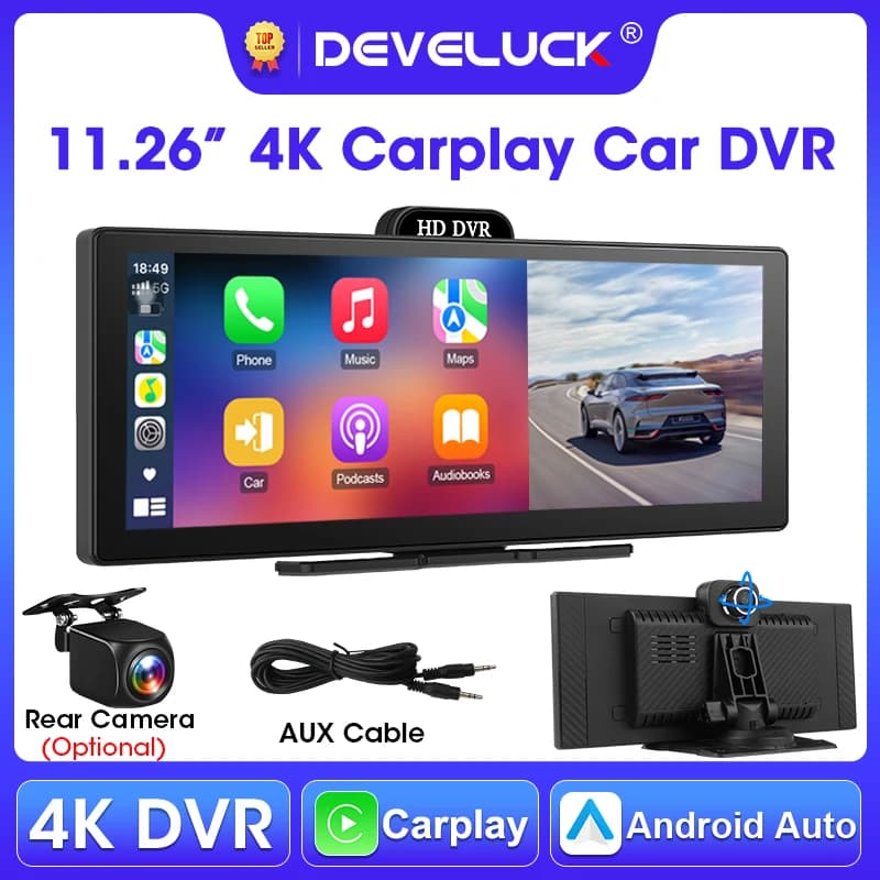 Develuck Dash Cam 4K da 11,26 pollici, Telecamera per Specchietto Retrovisore con Carplay e Android Auto, Navigazione GPS, Registratore Video a Doppia Lente