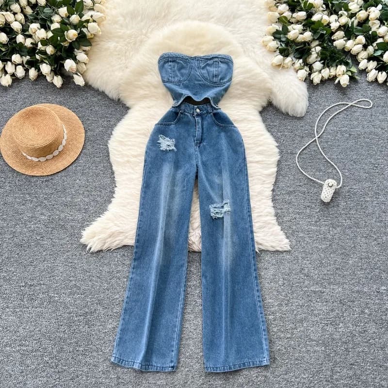 Tute in denim da donna, intere, senza spalline, senza maniche, a vita alta, pantaloni lunghi, stile Y2K Streetwear, Mom Jeans 2026