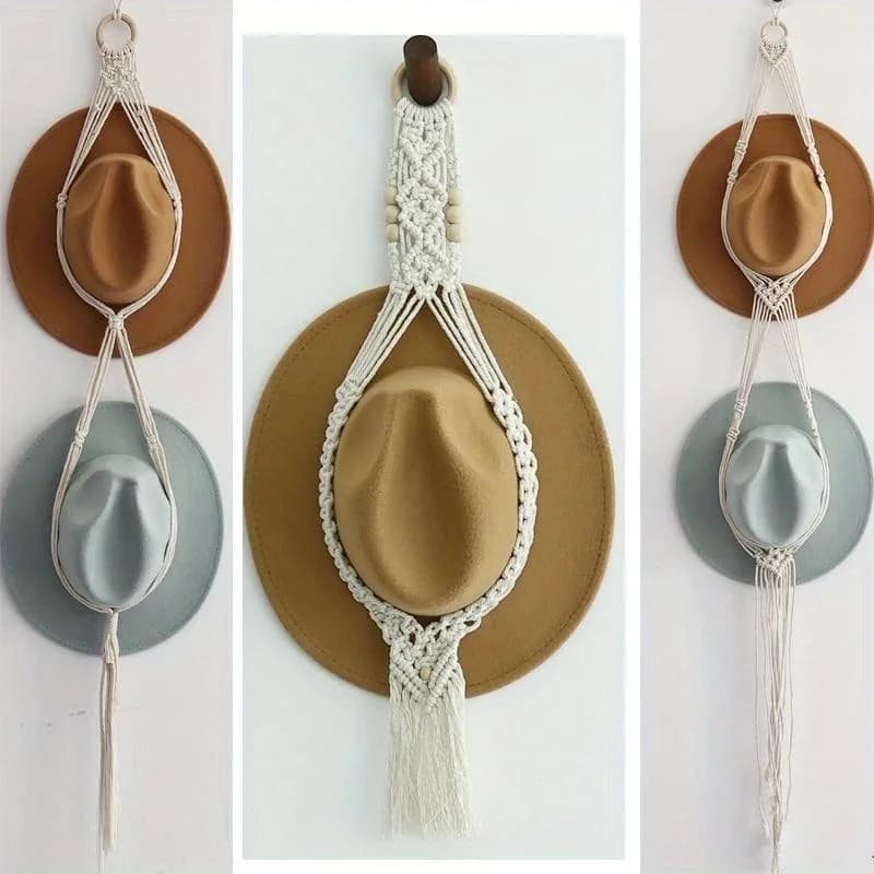 1 Pezzo Porta Cappelli da Parete in Stile Nordico Intrecciato a Mano, Creativo, Multistrato, per Soggiorno e Camera da Letto, con Corda a Nappa