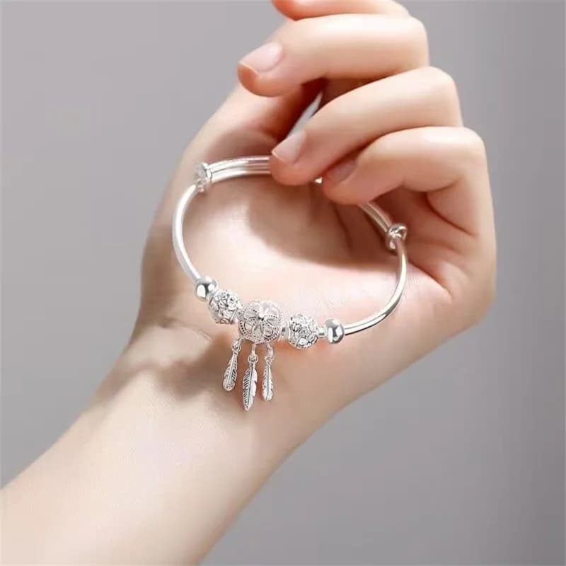 S999 Pure Silver Adjustable Push Pull Bangle For Women Hollow Dreamcatcher Feather Charms Carved Beads Solid Silver Wrist Jewelr