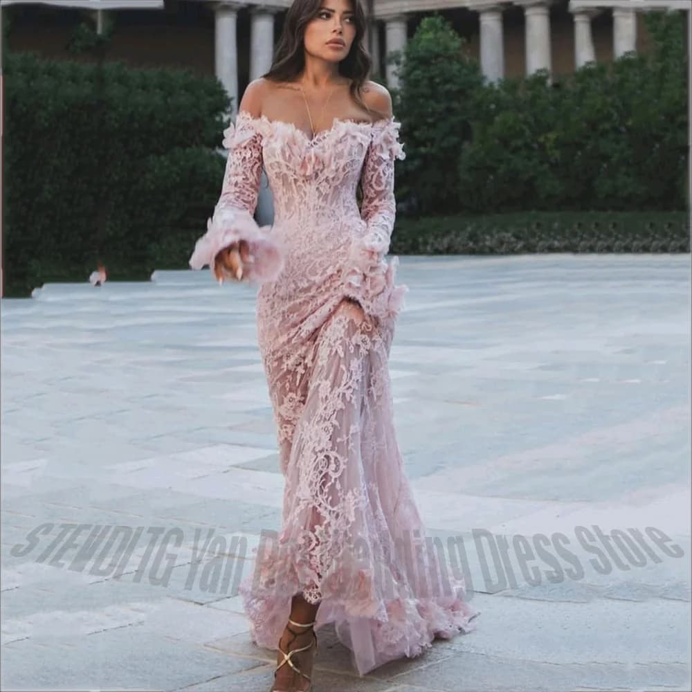 Abito da ballo di lusso a maniche lunghe in pizzo rosa per le donne, banchetto, festa, sirena, lunghezza del pavimento, elegante abito da sera formale personalizzato
