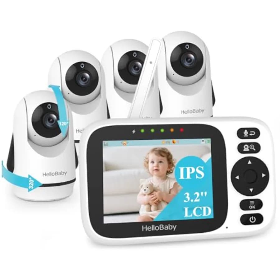 HelloBaby Baby Monitor 3.2'' con 4 Telecamere, Audio e Video, Senza WiFi, Controllo Remoto Pan-Tilt-Zoom, Visione Notturna ECO, Comunicazione Bidirezionale, Portata 300m