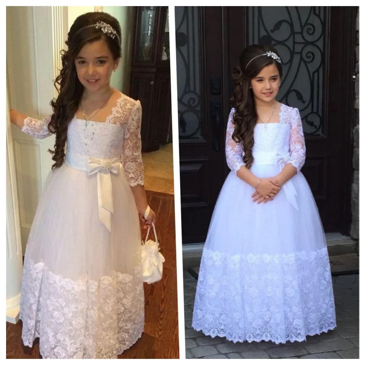 Abito da damigella personalizzato per matrimonio, con fiocco in pizzo, vita alta, lunghezza fino al pavimento, elegante, per compleanno bambina, prima comunione