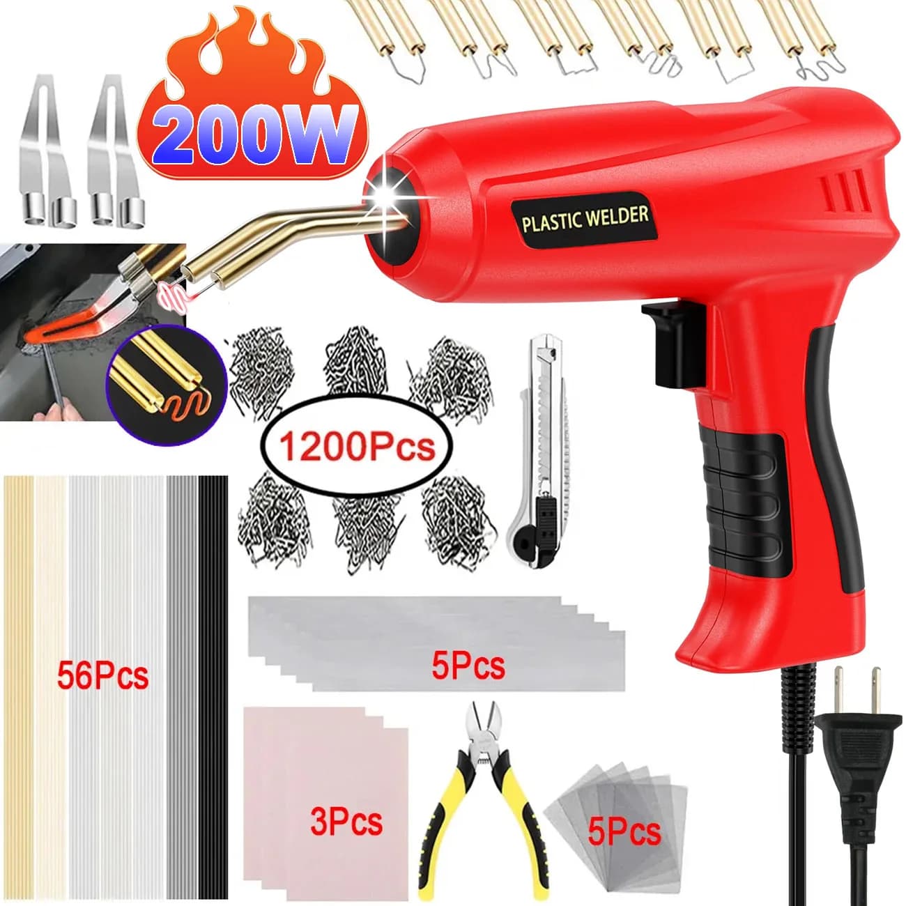 Pistola Saldatrice a Caldo 2 in 1 per Plastica, Kit Riparazione Paraurti Auto, Macchina Saldatrice con Spina EU/US, con 4/6 Tipi di Graffette, Chiodi e Bacchette di Saldatura