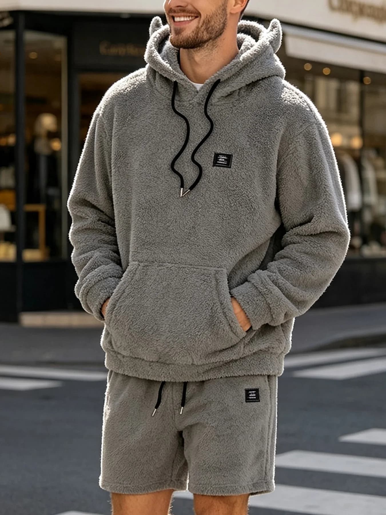 Men's Gray Devil Horn Hooded Plush Top and Shorts Two-Piece Set, Thickened Warm Coral Fleece Casual Outfit, Suitable for Indoor and Outdoor Daily Home Wear