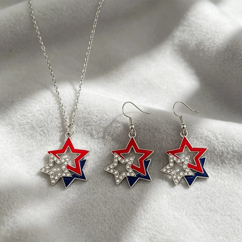 Red, Blue, and White Color-Blocking Five-Pointed Star Rhinestone Jewelry Set, Personalized Fashion Necklace and Earrings Two-Piece Set, Versatile Holiday Accessories