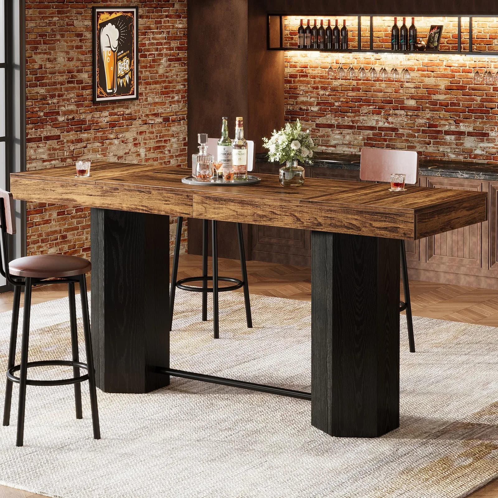 Tavolo da Bar Rettangolare 180 cm, Tavolo Industriale ad Altezza Bancone con Poggiapiedi in Metallo