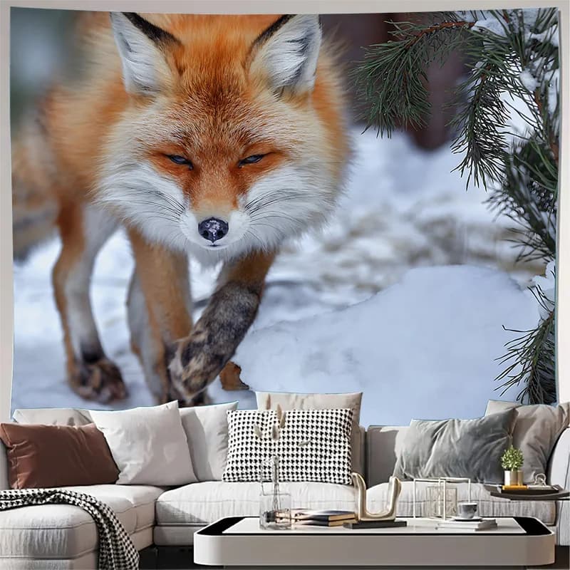 Red Fox Winter Snow Forest Animal Wall Tapestry Machine Washable All Season Decor Art Print Nature Design Home Elevate YourSpace