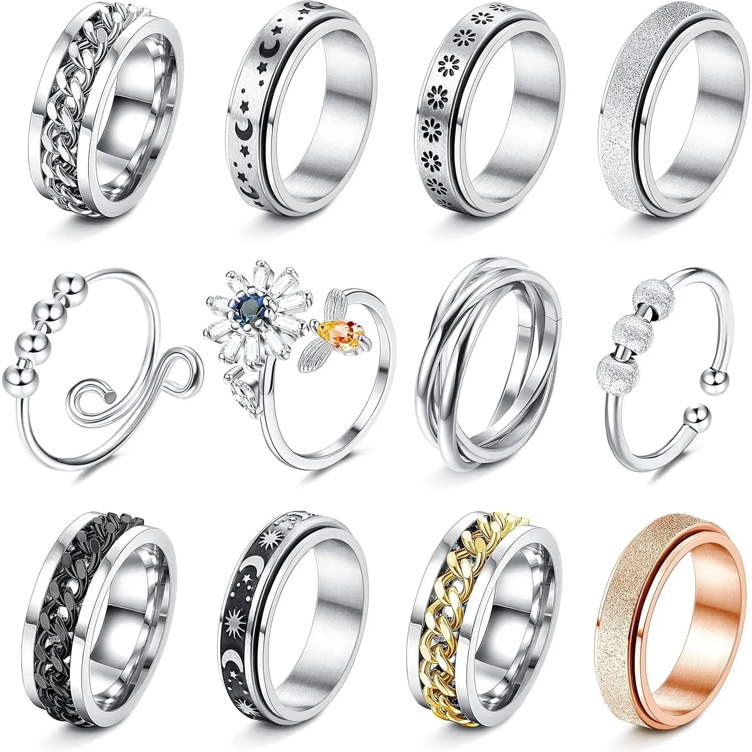 Bobisty 12Pcs Fidget Anxiety Rings for Women Men Stainless Steel Spinner Relieving Stress Rings Flower Moon Star Ring Adjustable
