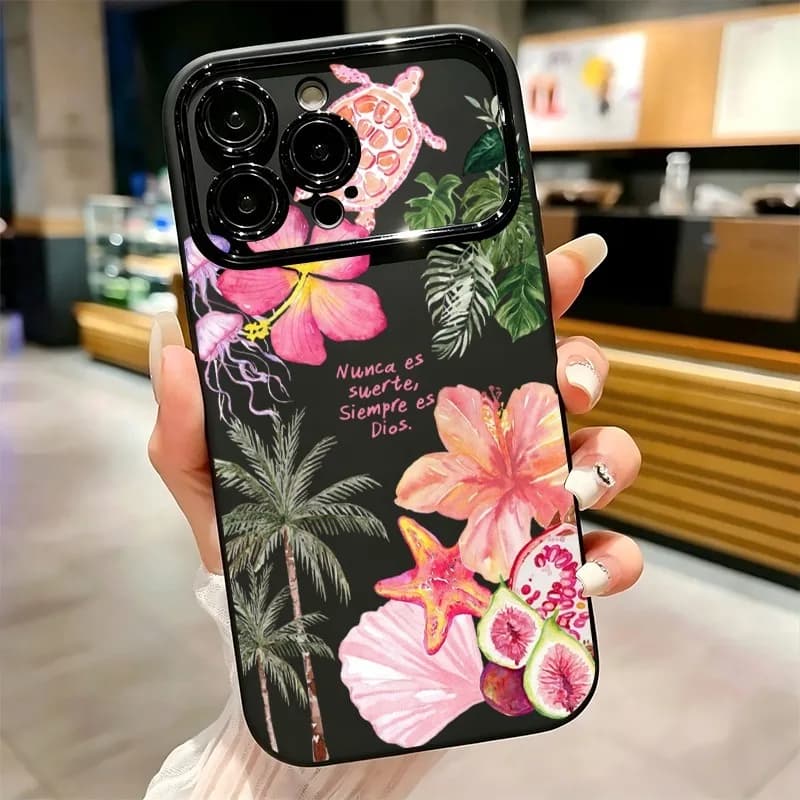 Tropical Hibiscus Sea Turtle Print Phone Case For iPhone 17 16 15 14 13 12 11 Pro Max Plus Soft Shockproof TPU Cover