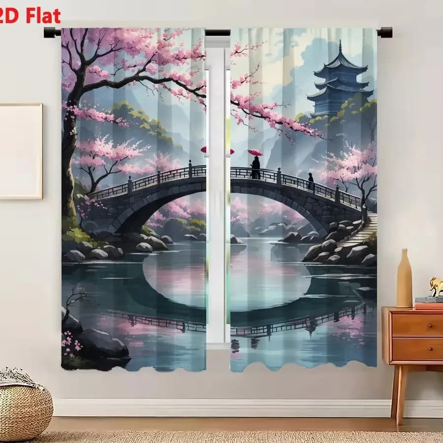 2Pcs Curtains 2D Flat Serene East Asian Landscape With Stone Arch Bridge And Cherry Blossoms Window Drapes for Bedroom Room Deco