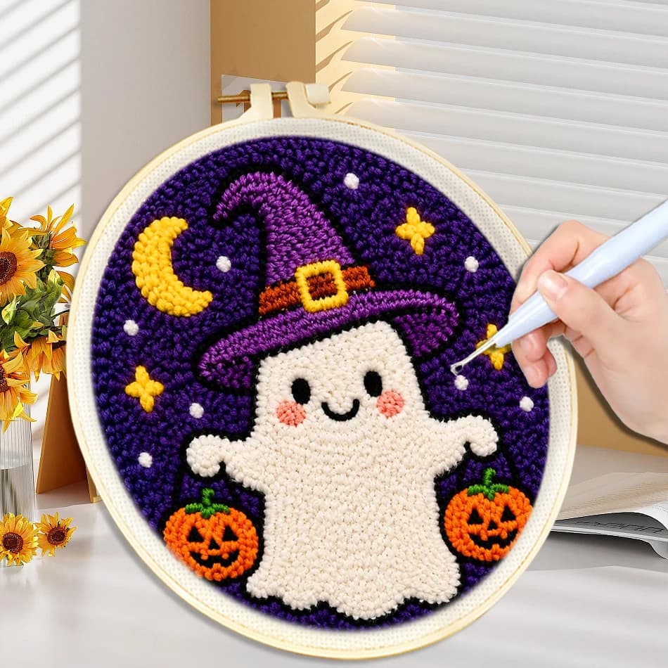DIY Punch Needle Embroidery Kit For Beginners Halloween Ghost Witch Pattern Sewing Diy Embroidery Poke Festival Gift and Decor
