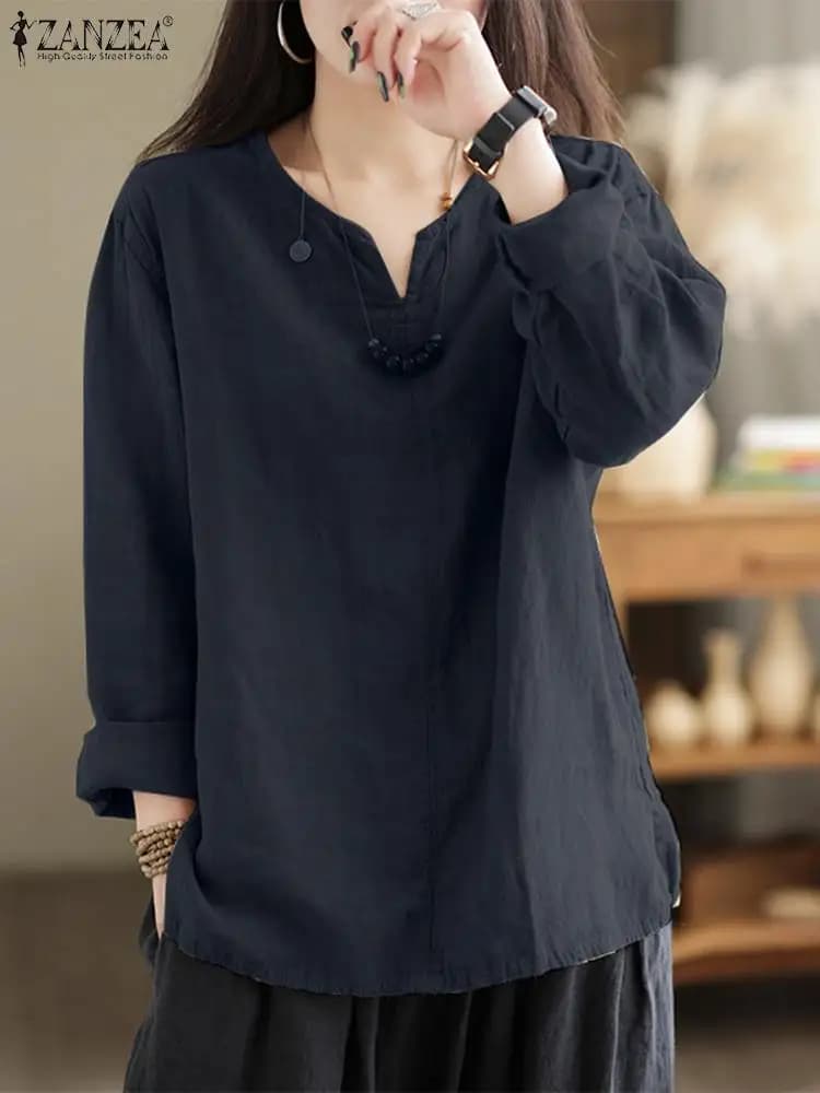 2023 ZANZEA Vintage Women's blouse cotton autumn V neck long sleeve top women's tunic Blusas Mujer Retro Solid loose shirt