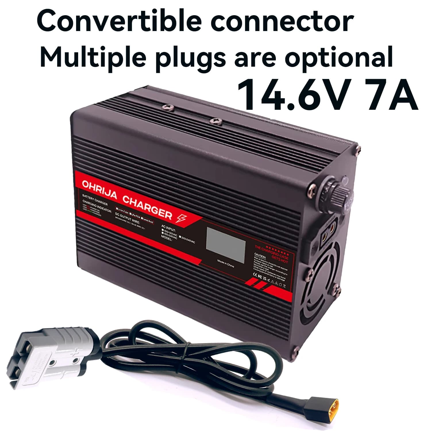 Caricabatterie rapido per batteria LiFePO4 da 14,6 V 7 A per display OLED 4S 12,8 V e connettore intercambiabile Stabilizzazione rapida con ventola di raffreddamento