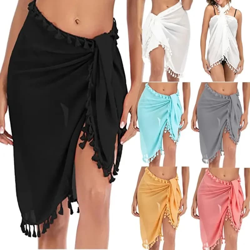 Copricostume da donna, Sarong da spiaggia, Copricostume bikini, Gonna corta velata, Sciarpa per costumi da bagno con nappe
