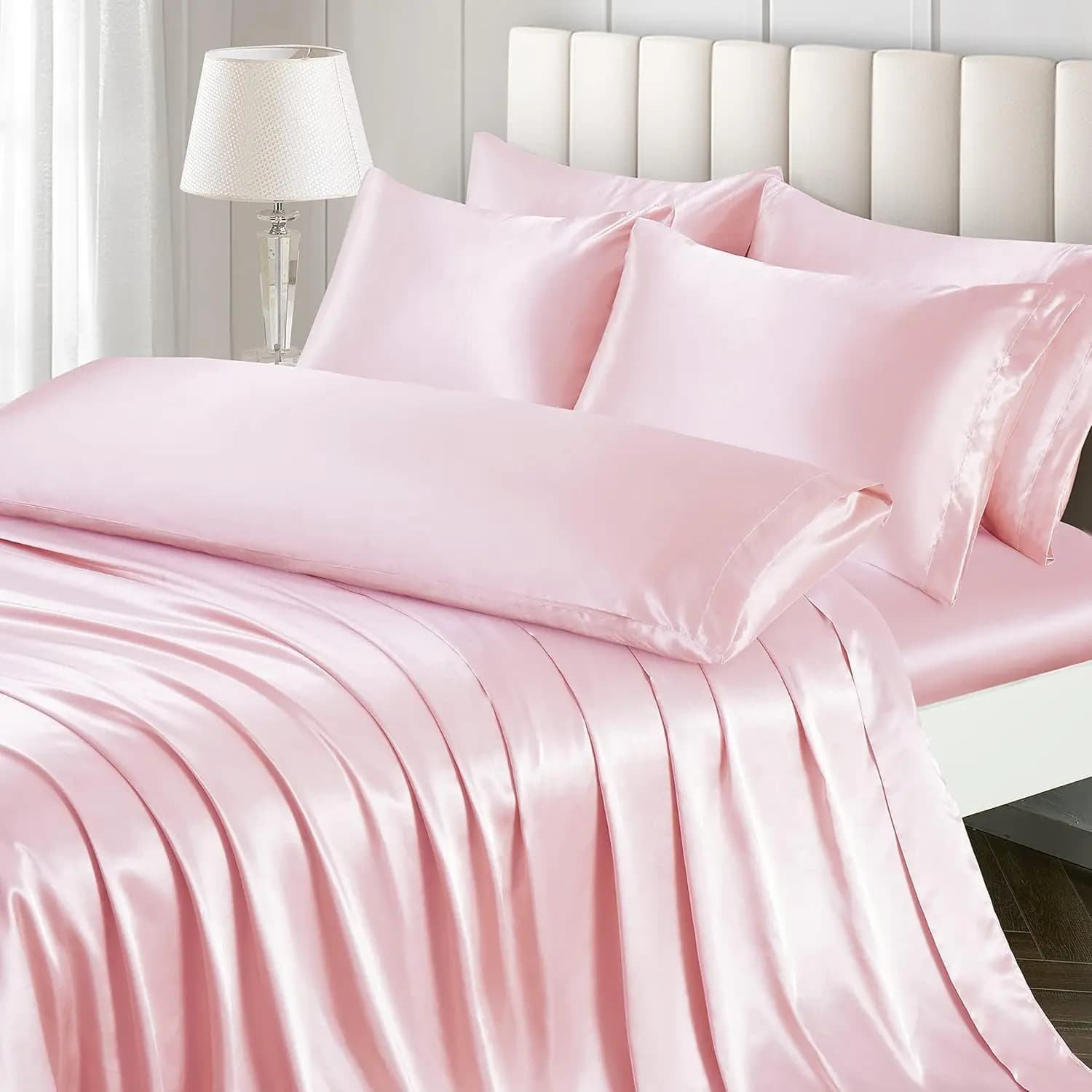 Set di Lenzuola in Raso di Lusso Misura Singola - Set Letto Rosa Cipria con Lenzuolo con Angoli Profondi, Lenzuolo Piatto, 2 Federe