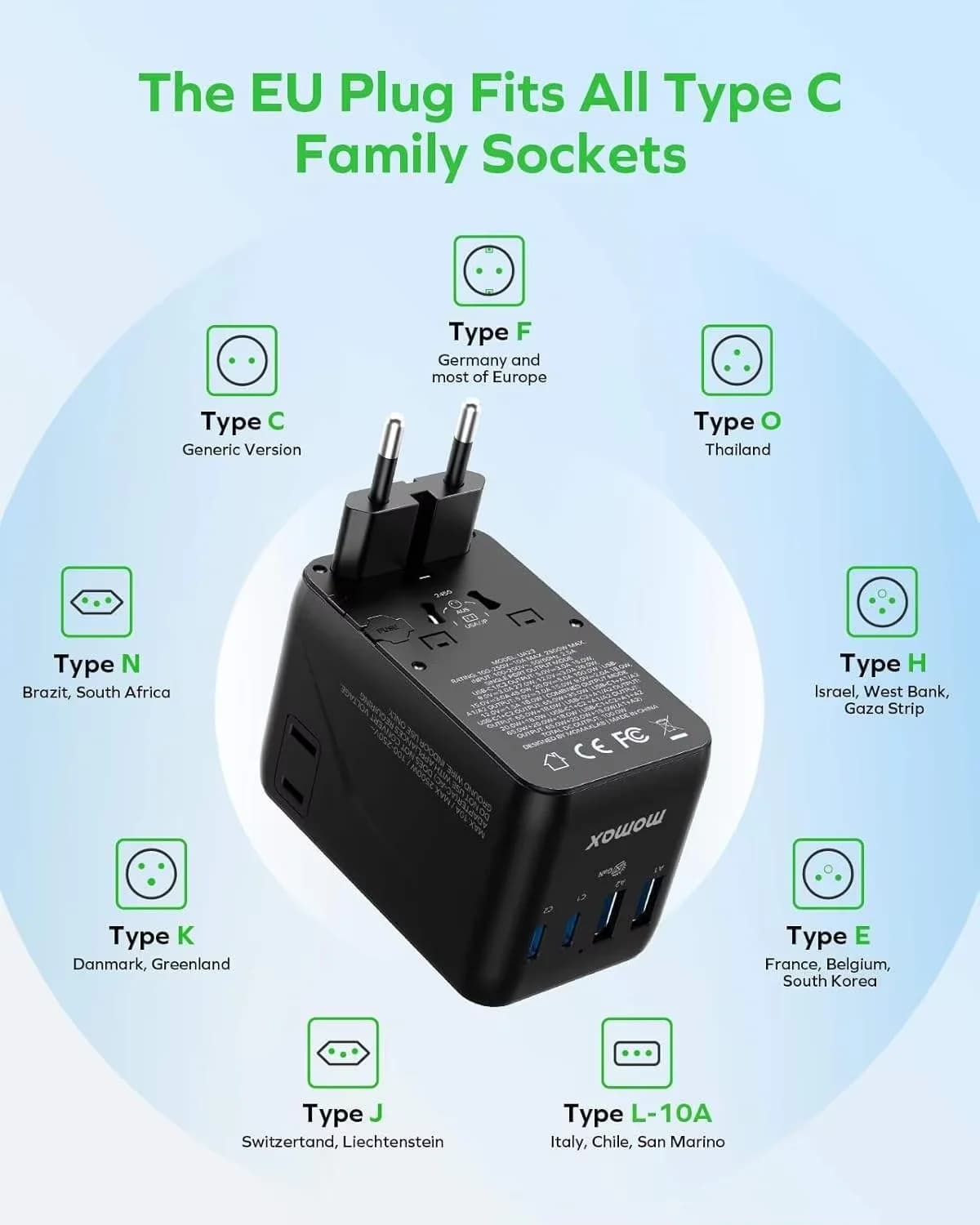 MOMAX 6-in-1 Universal Travel Adapter GaN 100W International Power Adapter, 2 AC, 2USB-C PD Fast Charging & 2 USB-A QC, All-in 1
