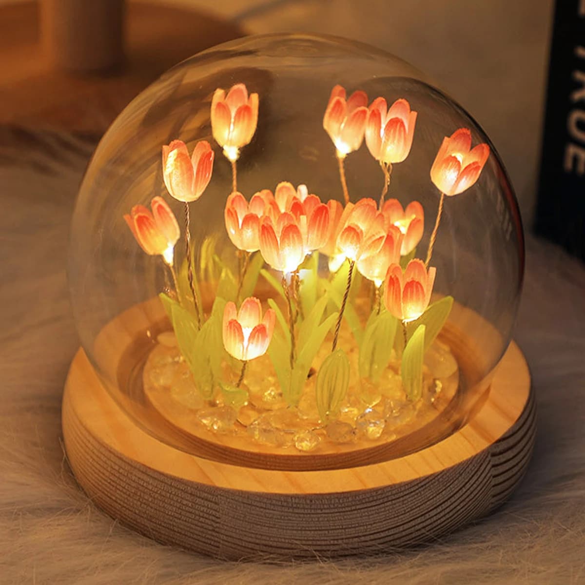 Fiore artificiale Tulipano Fiore rosa eterno Decorazioni per matrimoni Fatto a mano Lampada da notte a LED fai-da-te Foglio di vetro Cupola Fiore conservato Regalo di Natale
