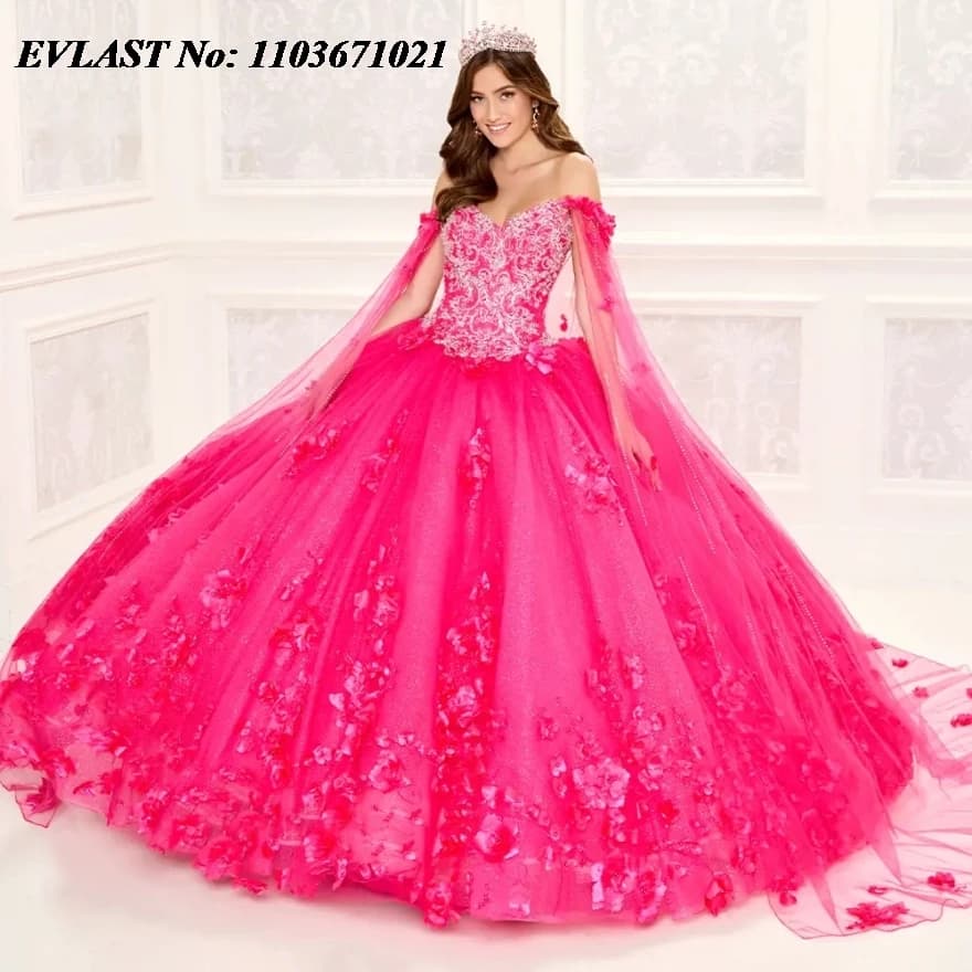 EVLAST Rosa Brillante Abito Quinceanera Abito di Sfera 3D Applique Floreale In Rilievo Con Fiocco Del Mantello Corsetto Dolce 16 Abiti Da 15 Anos SQ227