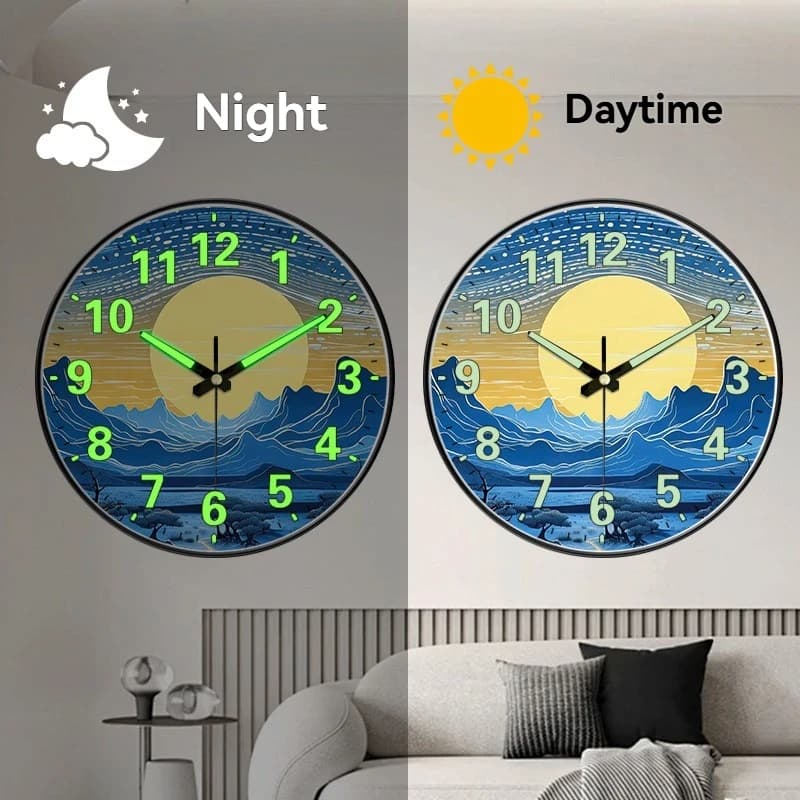 Orologio da parete moderno luminoso che si illumina al buio, con numeri e lancette, decorazione con paesaggio montano e natura per soggiorno, camera da letto, ufficio.