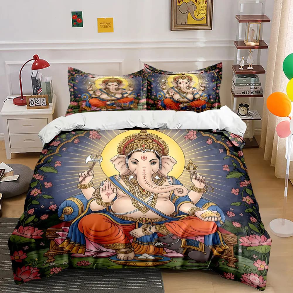 Set copripiumino con motivo a dio elefante indiano circondato da fiori di loto, stampa digitale, biancheria da letto colorata in poliestere con chiusura a cerniera